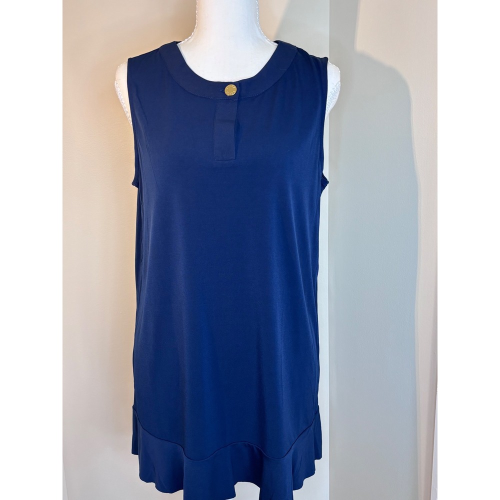 Ellen Tracy Navy Sleeveless Ruffle Hem Tunic Top Minimalist Nautical Casual M - Picture 6 of 9